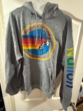Aviator Nation Gray Hoodie with Rainbow Circle Logo